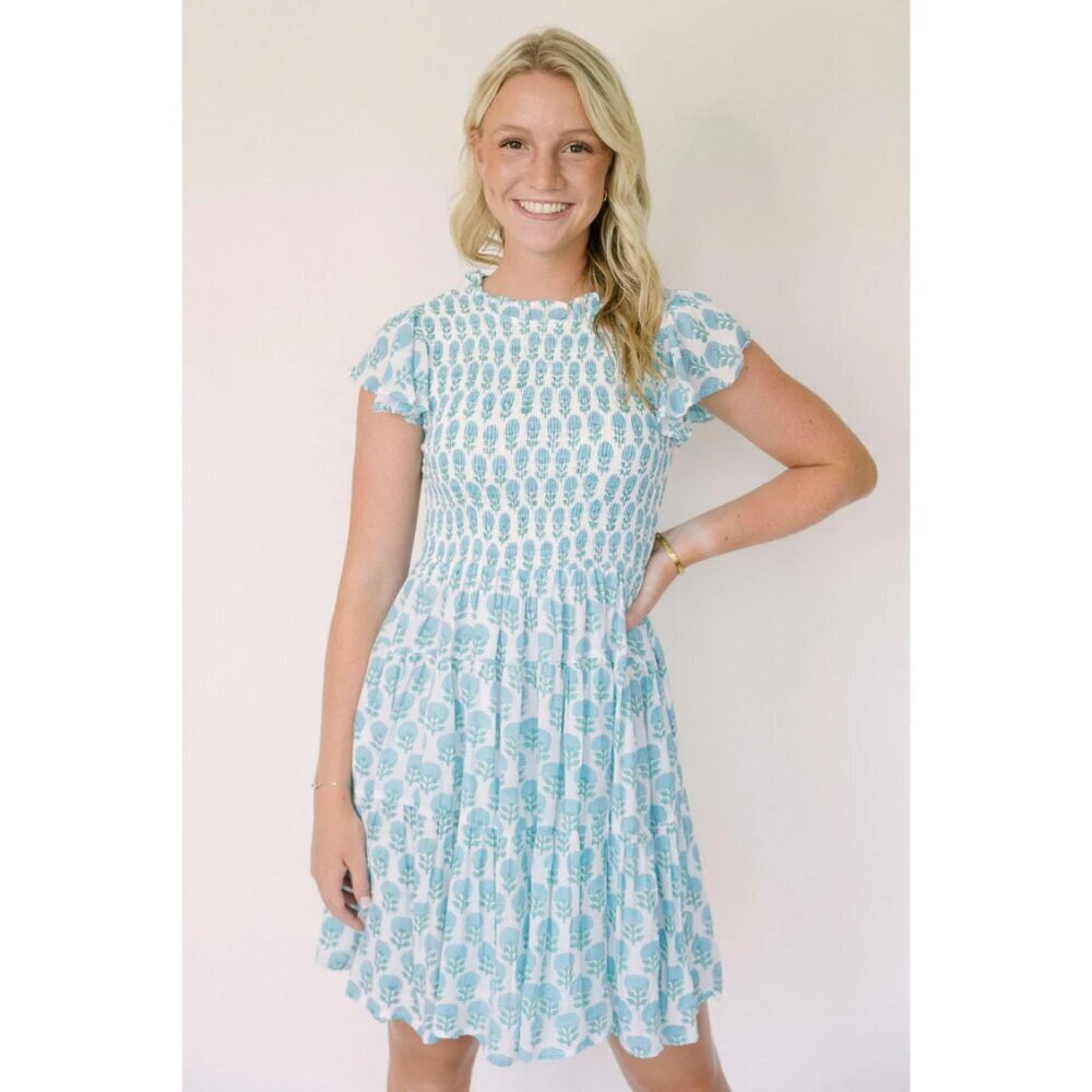 Blue Printed Mini Dress with Smocked Bodice